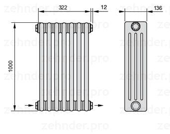 Схема (чертеж) Радиатор Zehnder Charleston 4100/7 №2670 Белый глянцевый RAL 9016